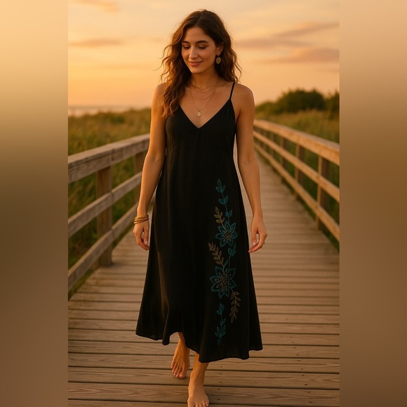 REITMANS | Linen Black Floral Embroidered Dress with Smocking - Picture 16 of 16